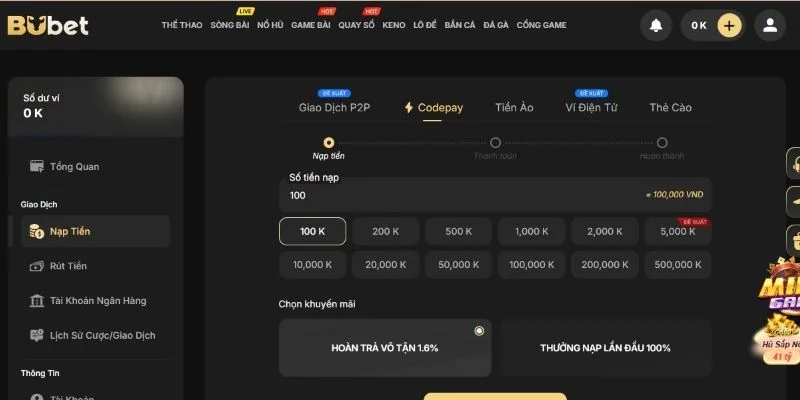 Ưu đãi cập nhật sau khi nạp tiền thành công tại BUBET.